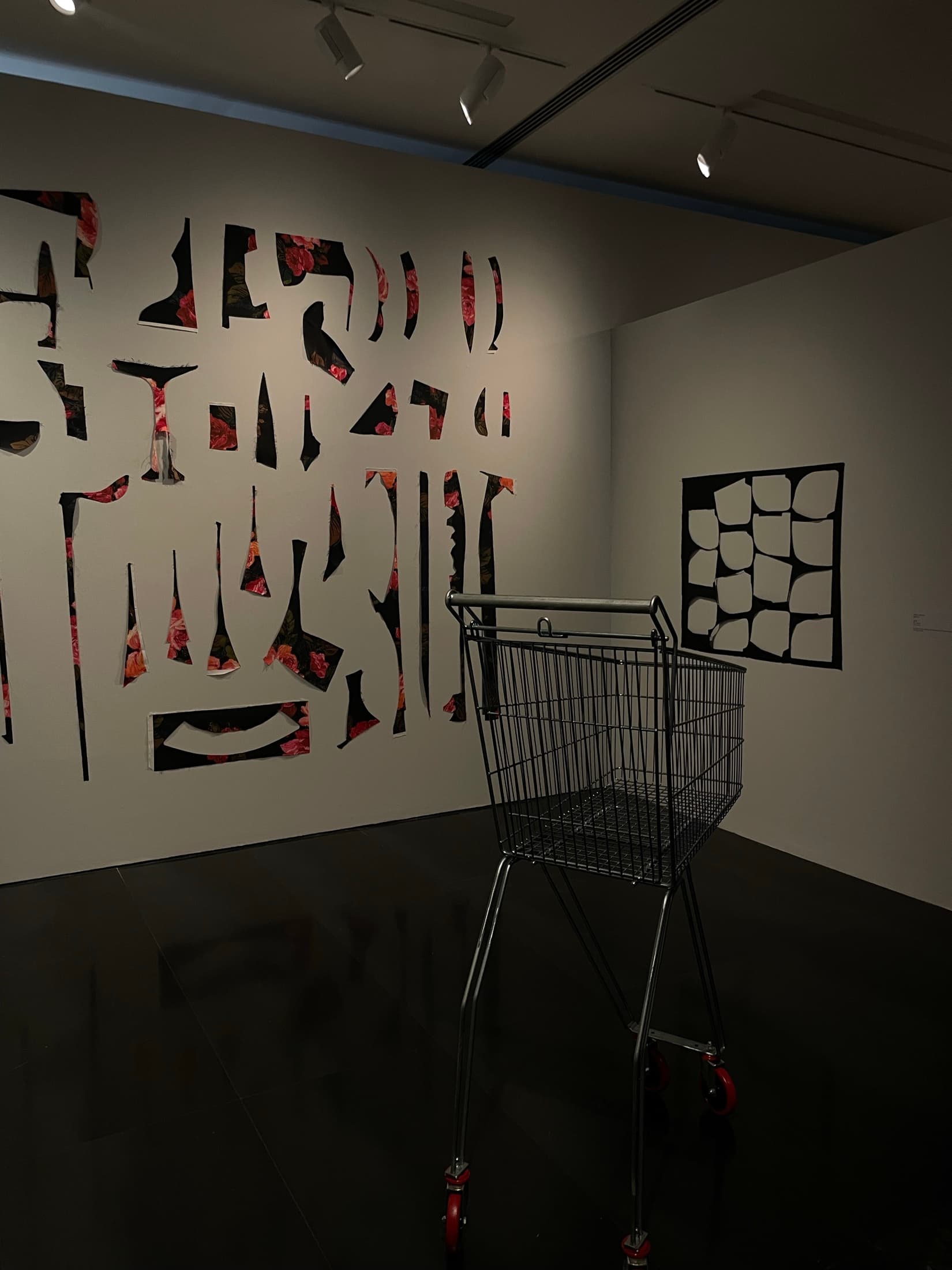 Shapes cut from a gallery wall revealing colour behind it